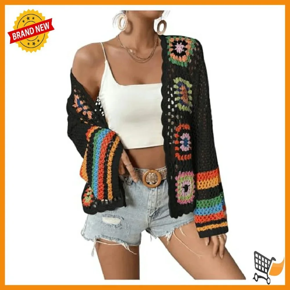 Floral Crochet Cardigan Long Sleeve Open Front Lightweight Sweater - Picture 5 of 7